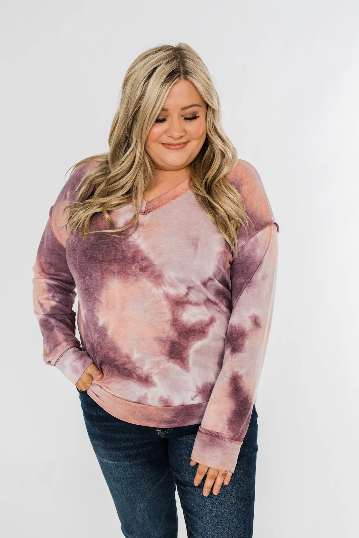 Heart Beats For You Tie Dye Pullover- Purple & Dusty Peach - Image 3