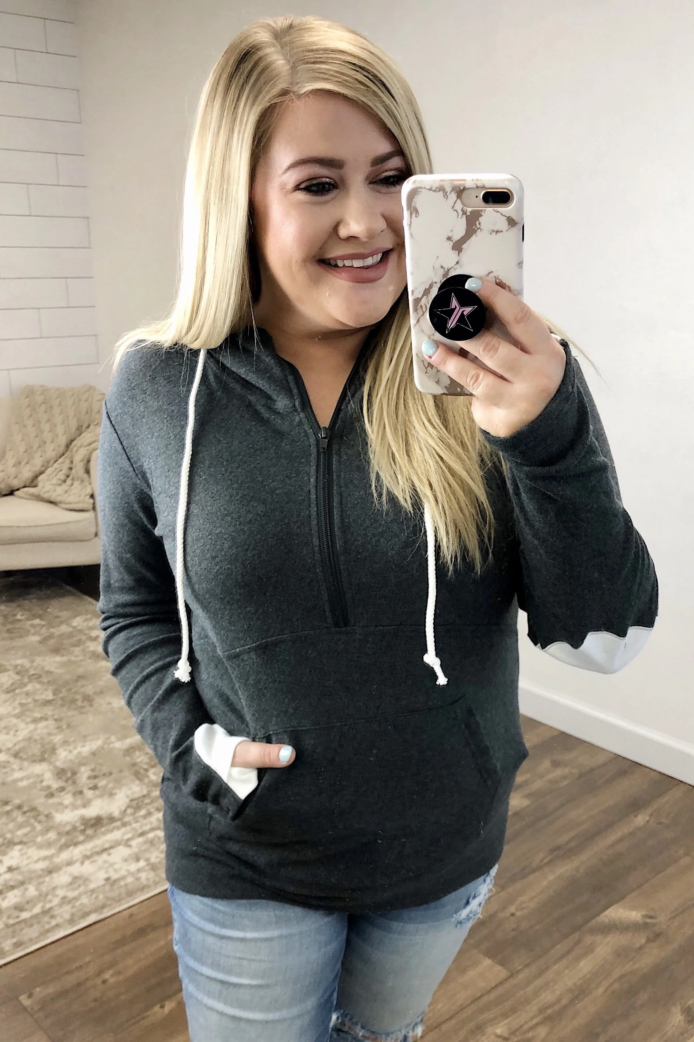 Heart Elbow Patch Half-Zip Ampersand- Charcoal - Image 2