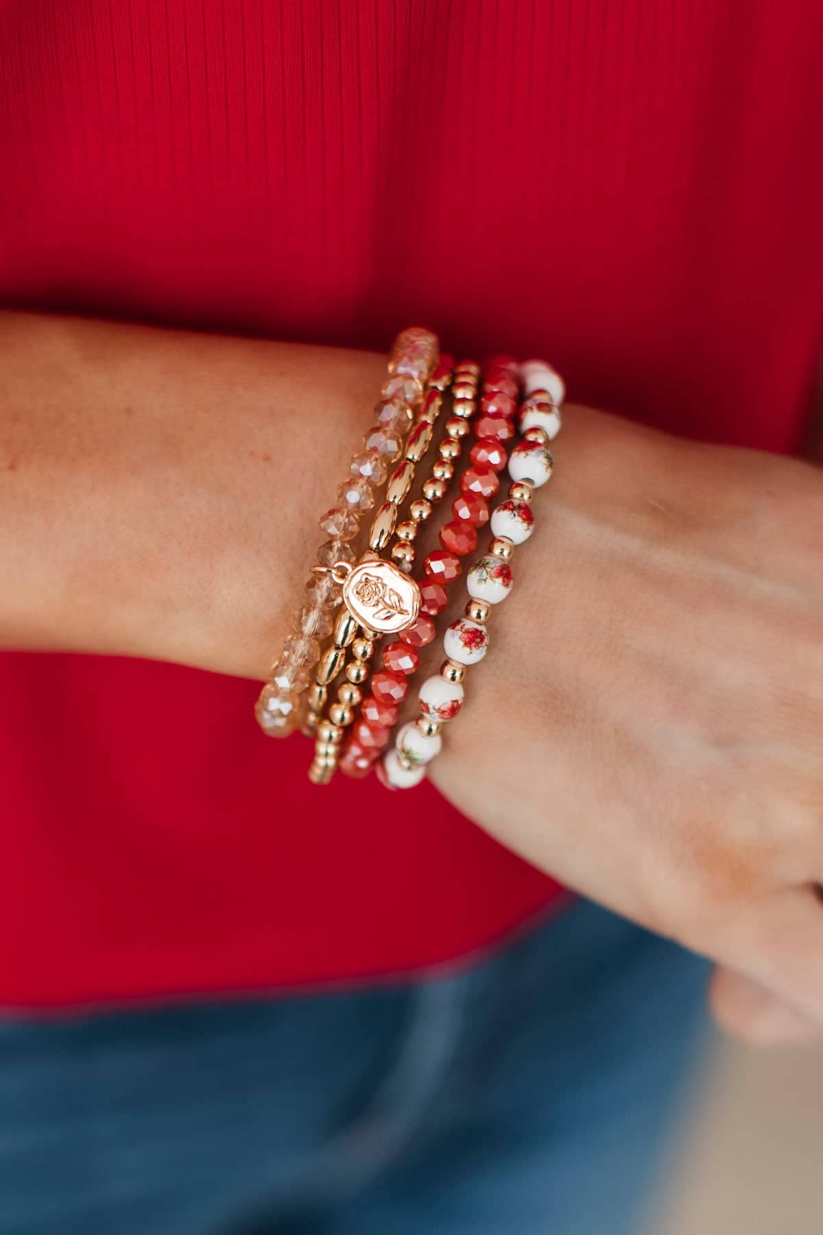 Heart Full of Gold Beaded Bracelet Set- Coral