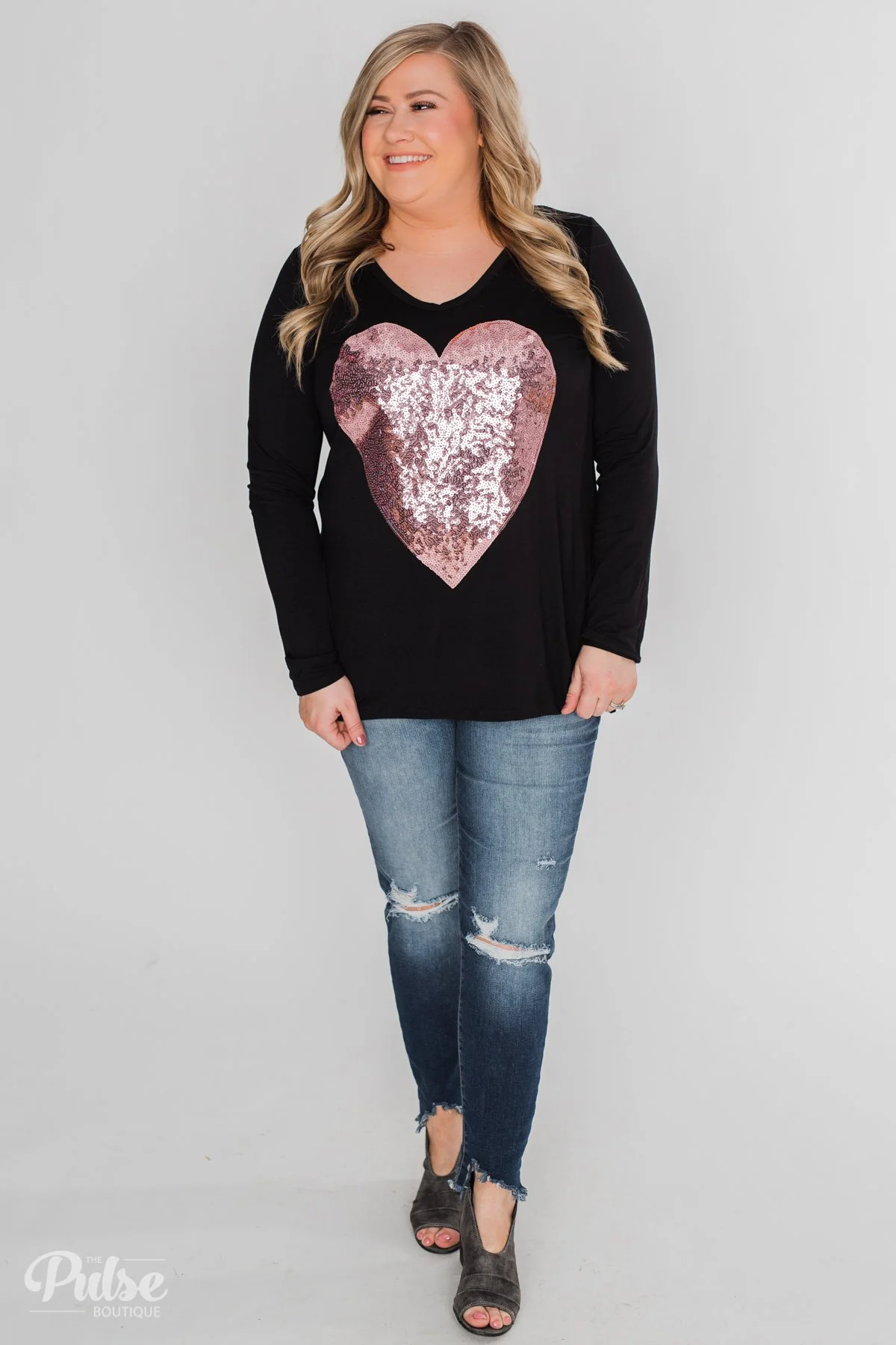 Heart of Sequins Long Sleeve Top- Black - Image 4