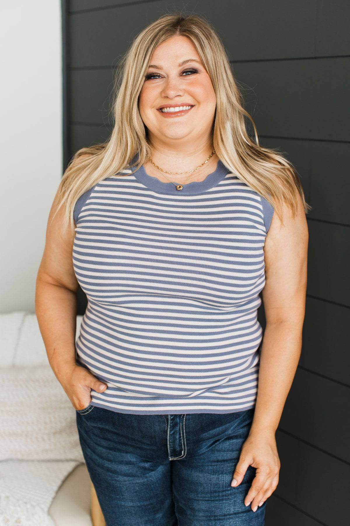 Heart On My Sleeve Striped Tank Top- Slate Blue - Image 2