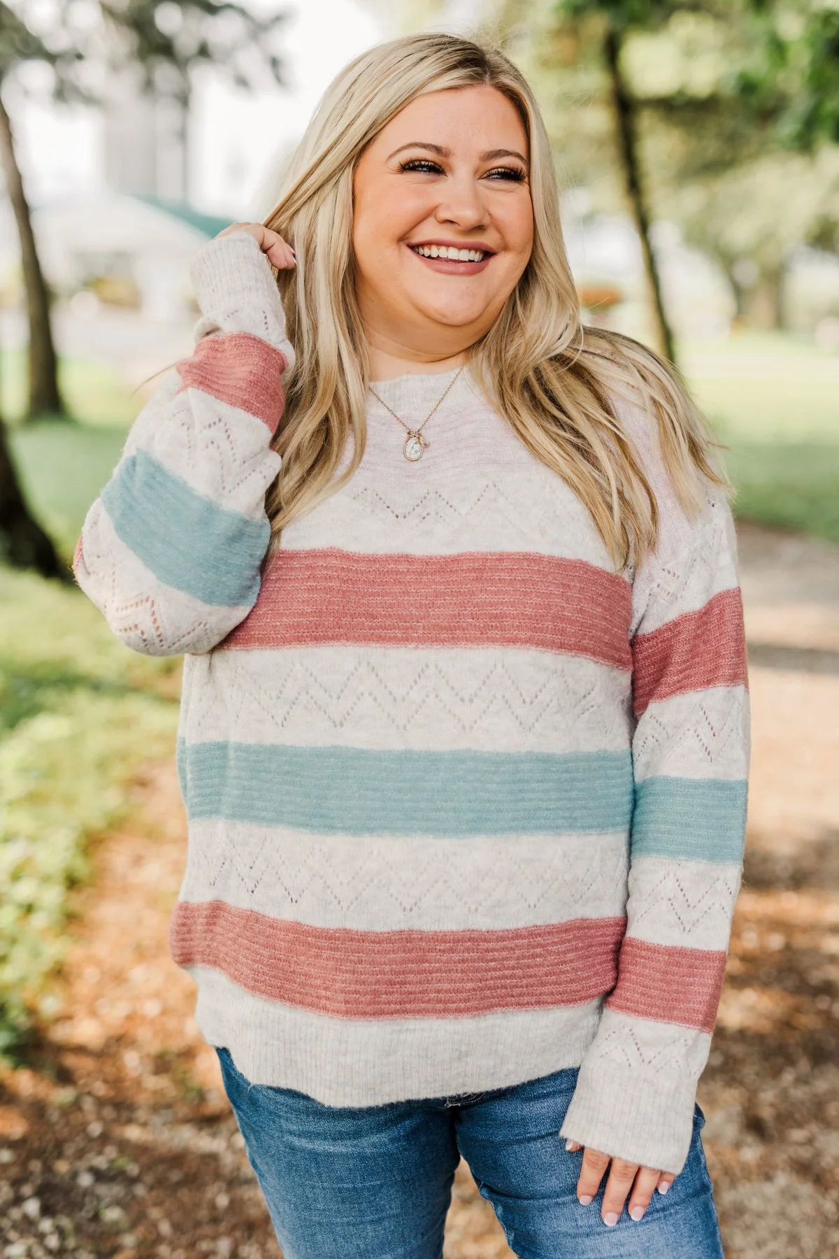 Heart To Heart Striped Knit Sweater- Baby Pink, Brick & Dusty Blue - Image 3