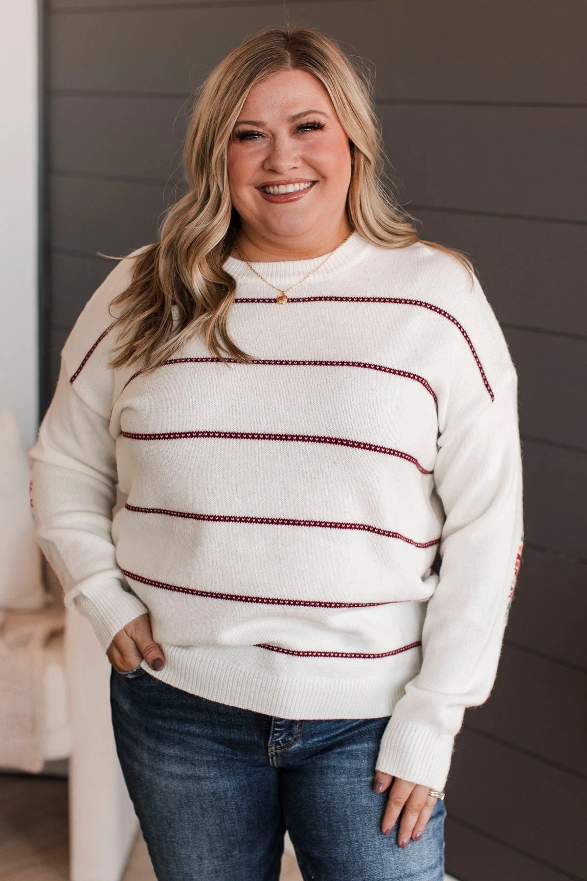 Heartfelt Love Knit Sweater- Ivory & Burgundy - Image 5