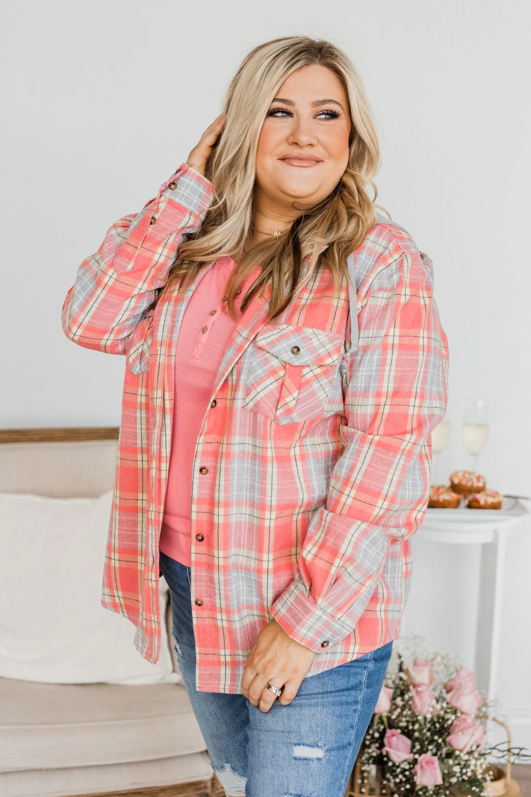 Heartfelt Serenades Hooded Plaid Top- Coral - Image 8