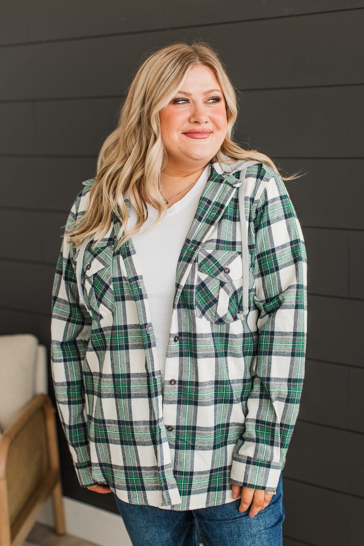 Heartfelt Serenades Hooded Plaid Top- Cream & Green - Image 3