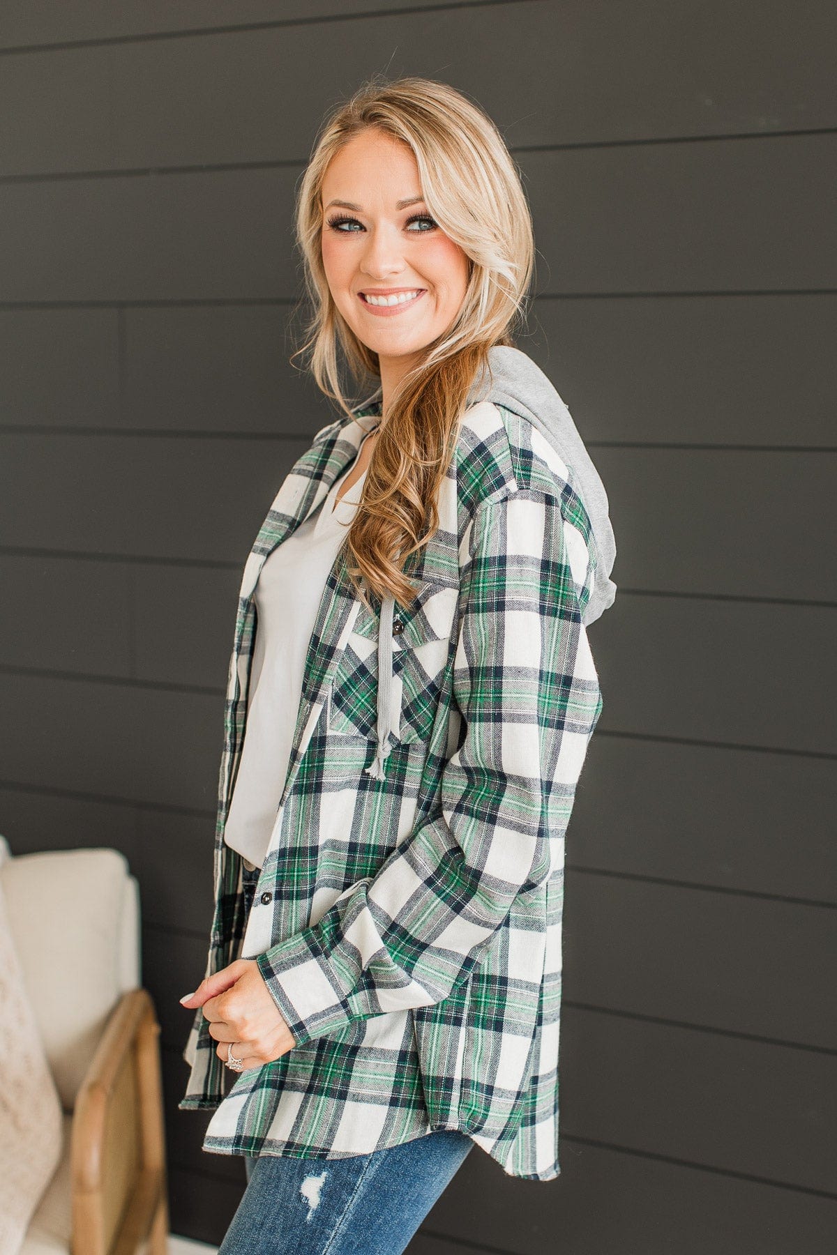 Heartfelt Serenades Hooded Plaid Top- Cream & Green - Image 8