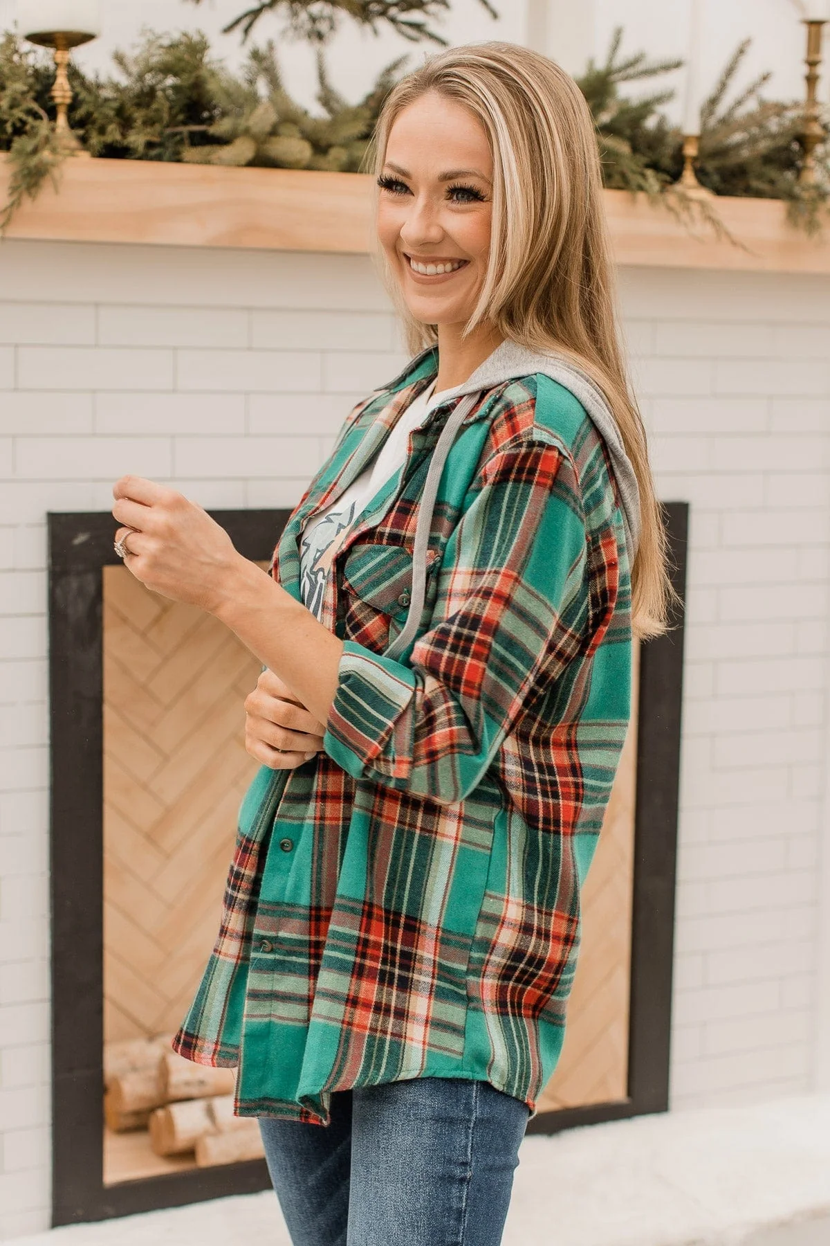 Heartfelt Serenades Hooded Plaid Top- Emerald Green - Image 6