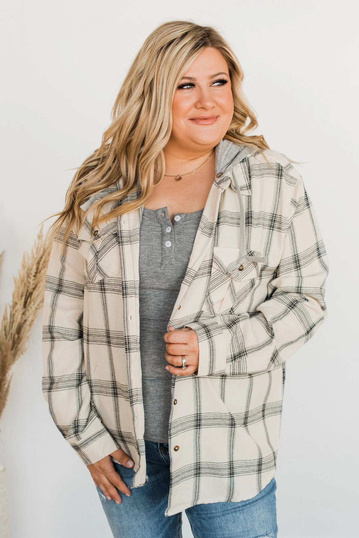 Heartfelt Serenades Hooded Plaid Top- Ivory - Image 2