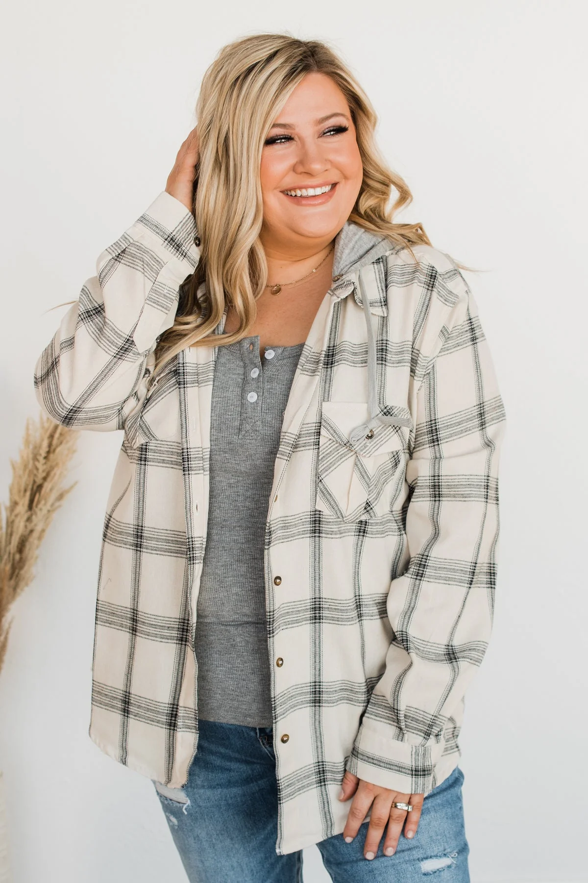 Heartfelt Serenades Hooded Plaid Top- Ivory - Image 6