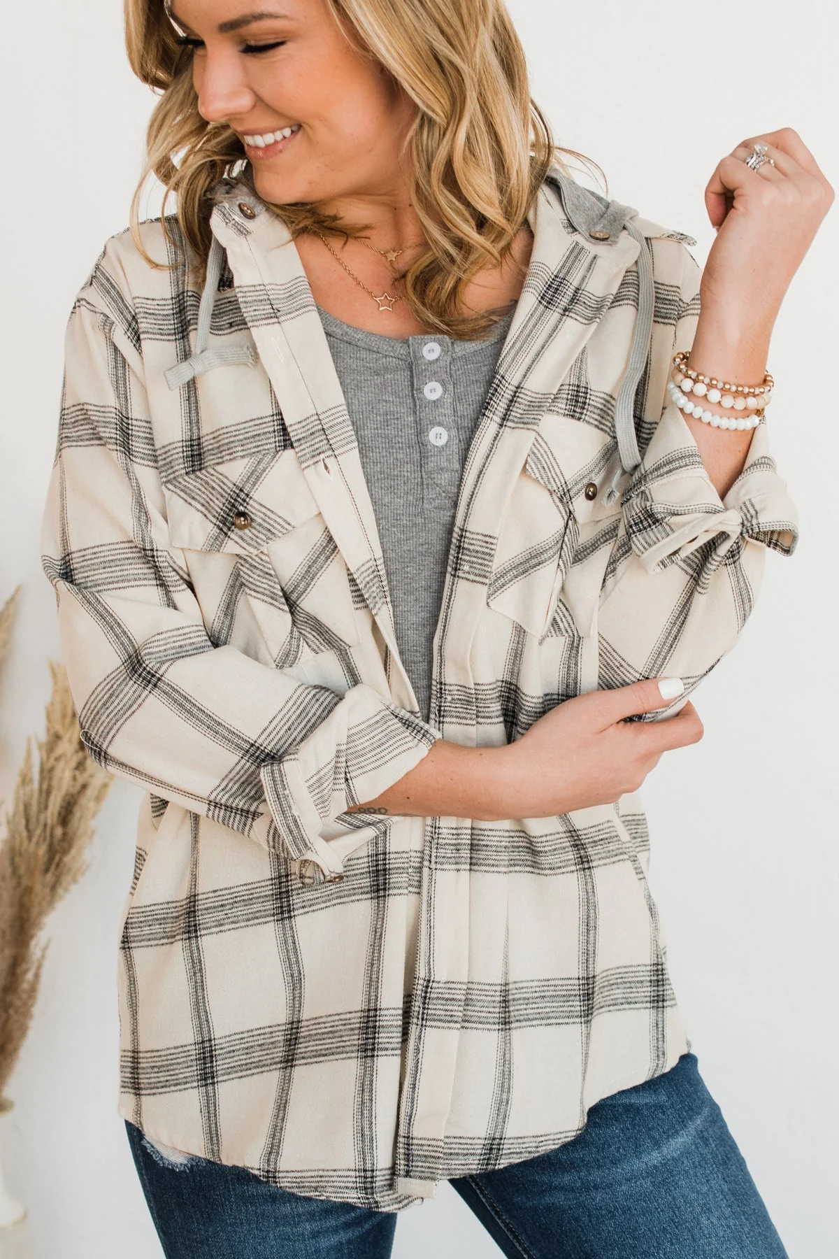Heartfelt Serenades Hooded Plaid Top- Ivory - Image 7