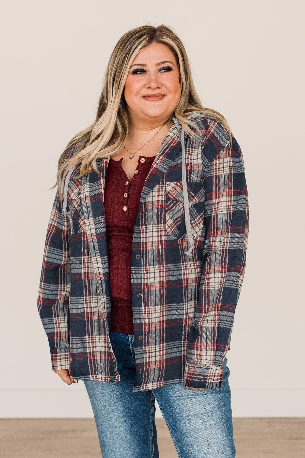 Heartfelt Serenades Hooded Plaid Top- Navy - Image 5