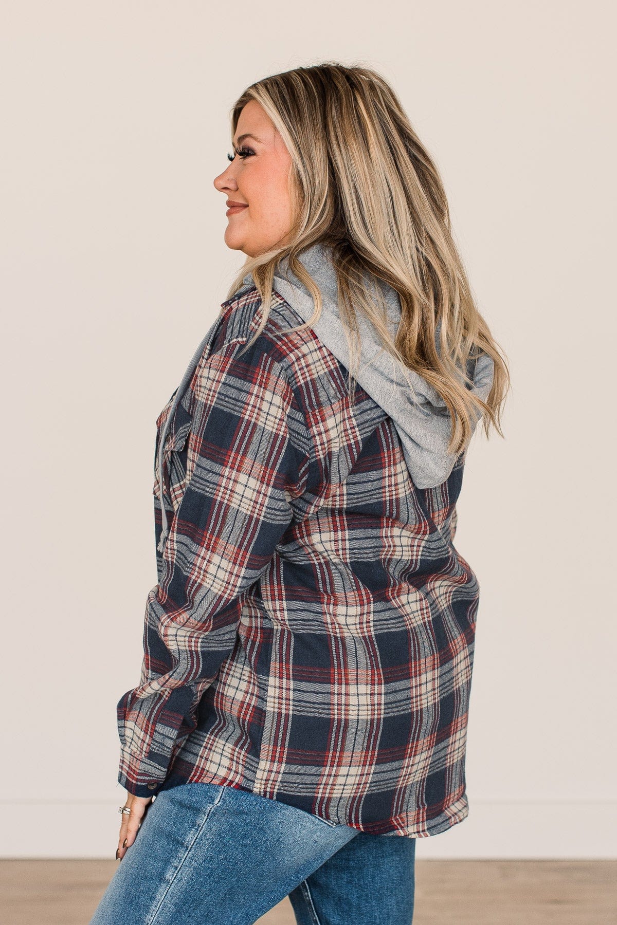 Heartfelt Serenades Hooded Plaid Top- Navy - Image 7