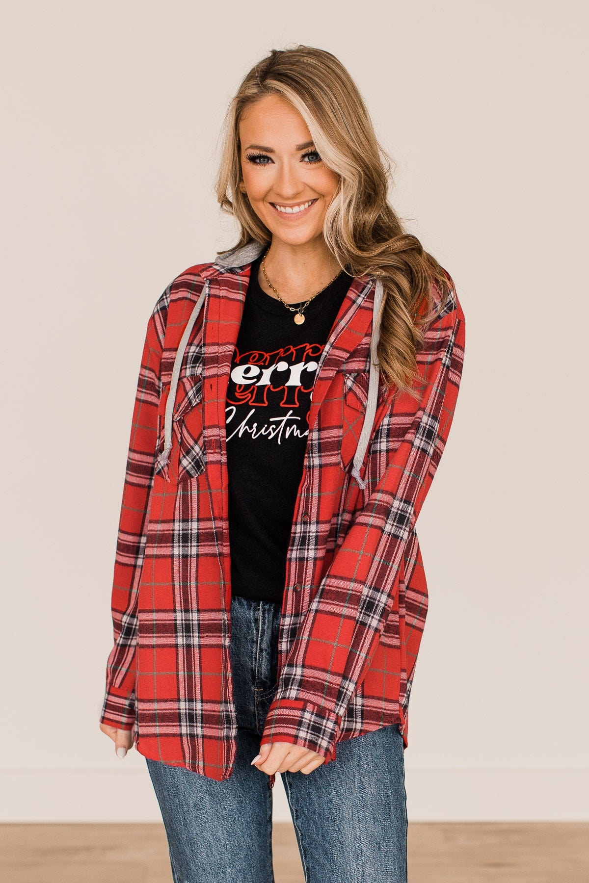 Heartfelt Serenades Hooded Plaid Top- Red - Image 3