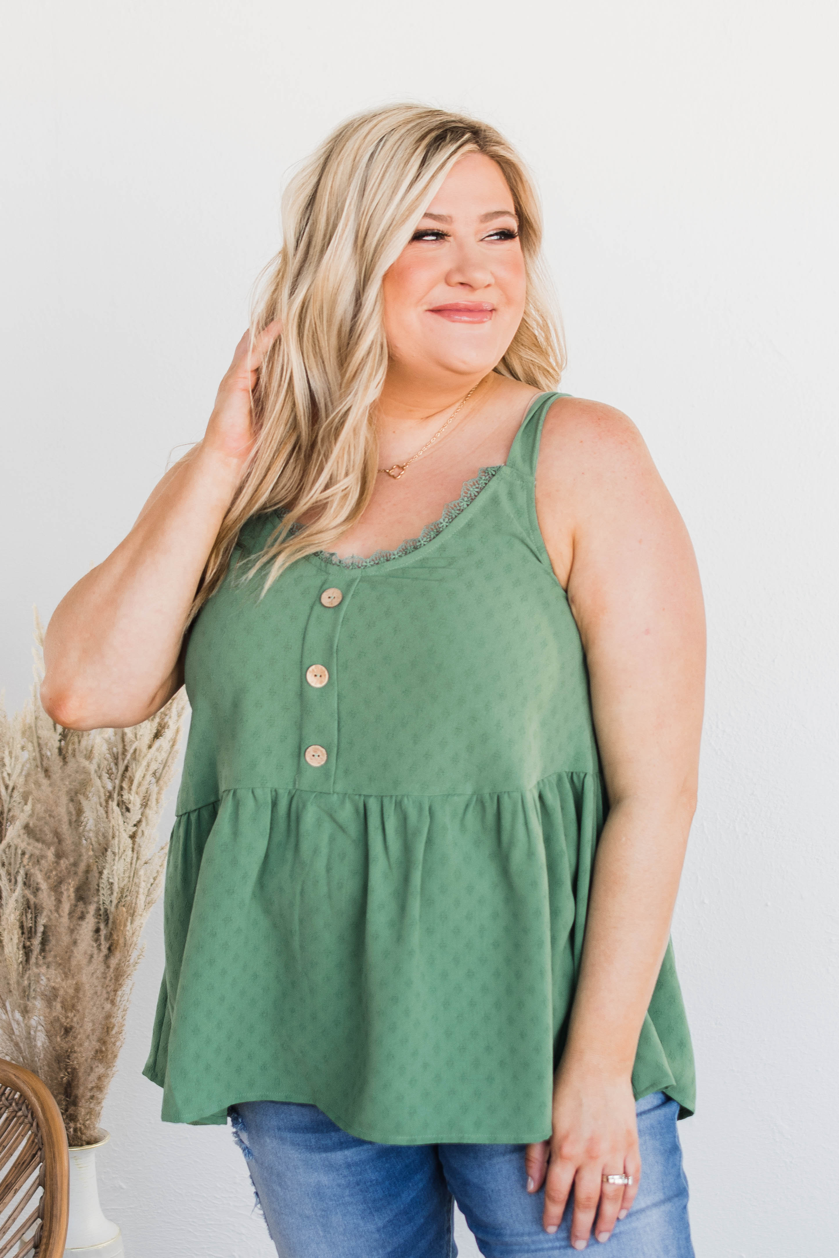 Hearts Beat In Harmony Button Tank- Dark Sage - Image 5
