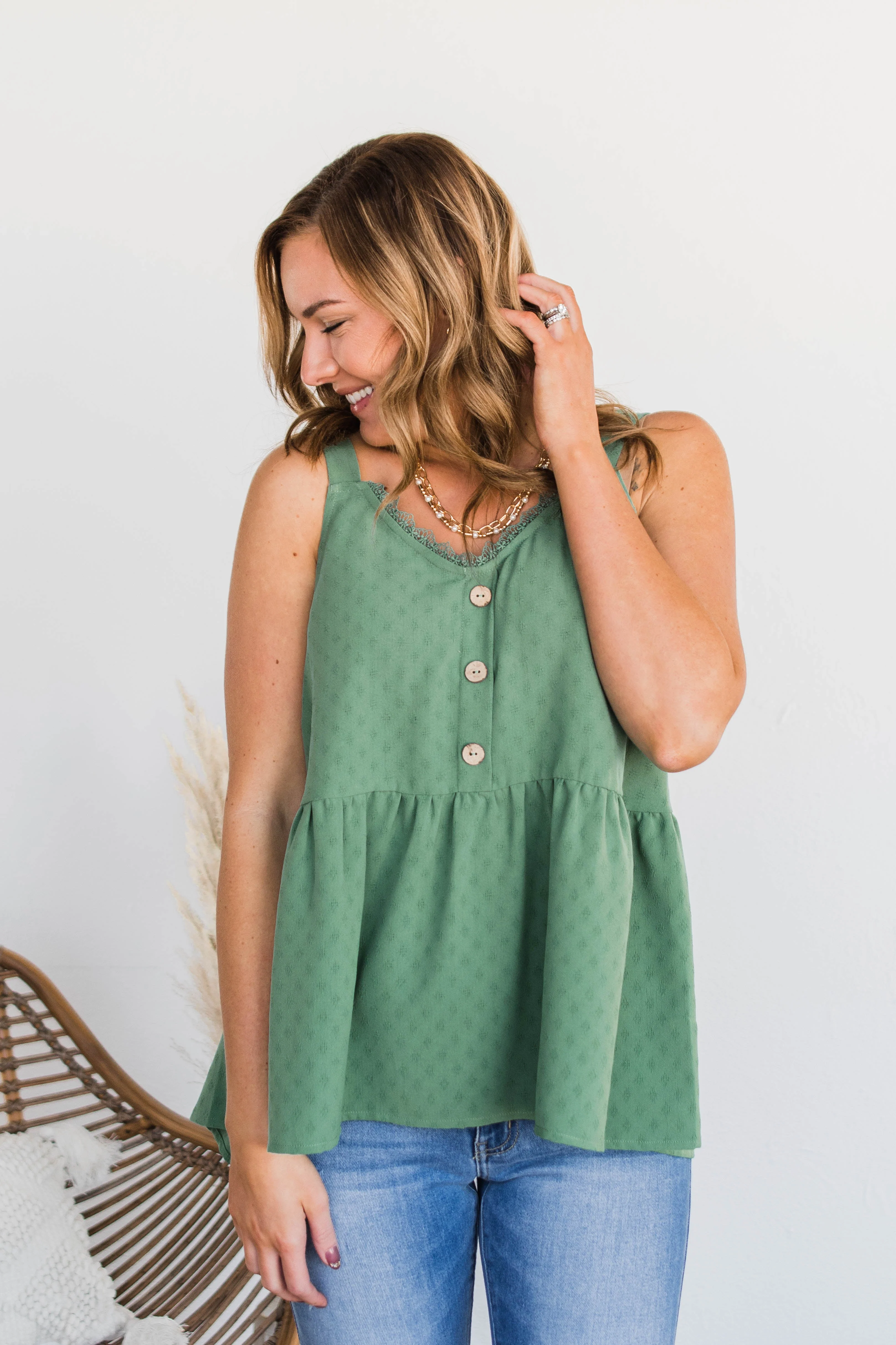 Hearts Beat In Harmony Button Tank- Dark Sage - Image 6