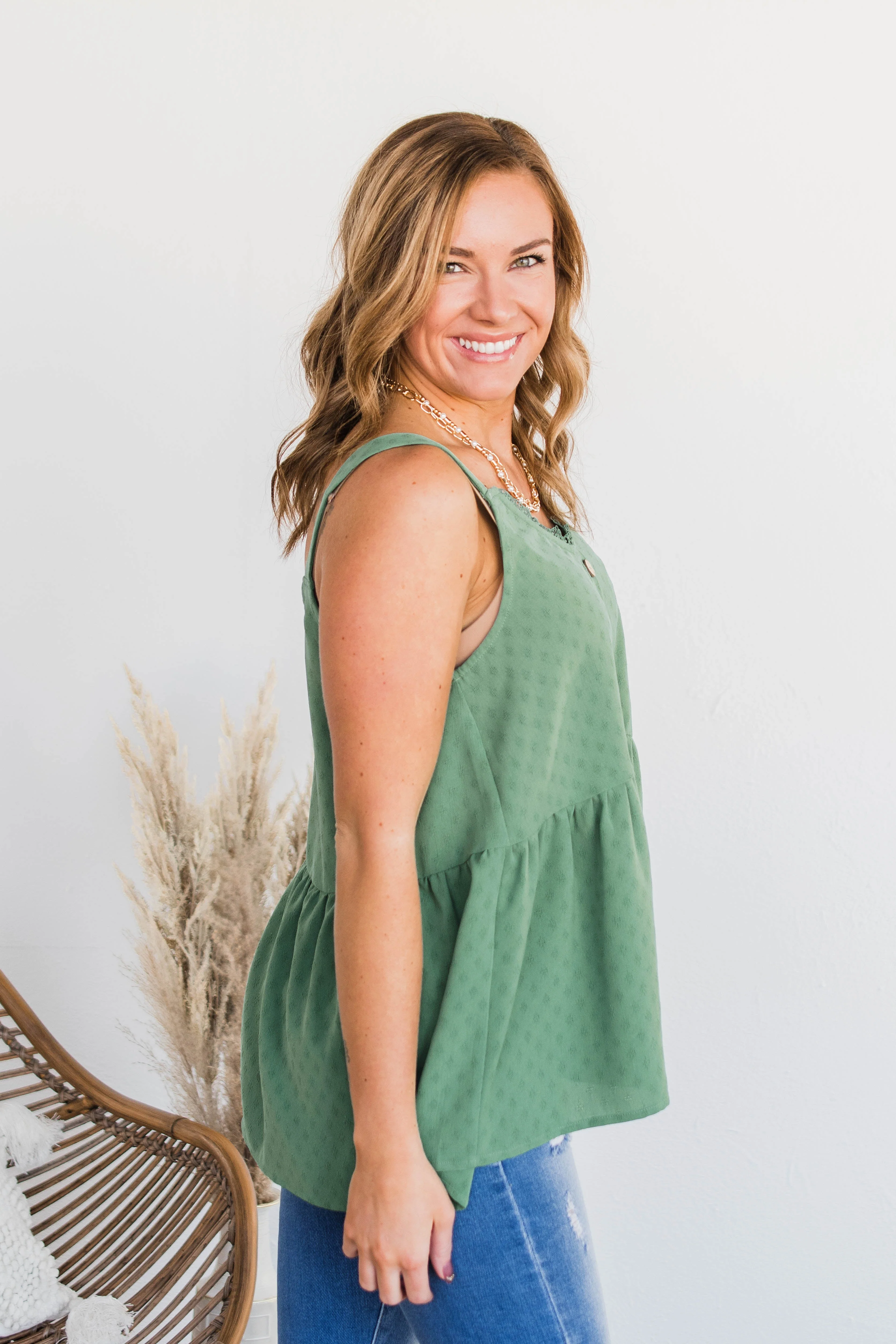 Hearts Beat In Harmony Button Tank- Dark Sage - Image 8