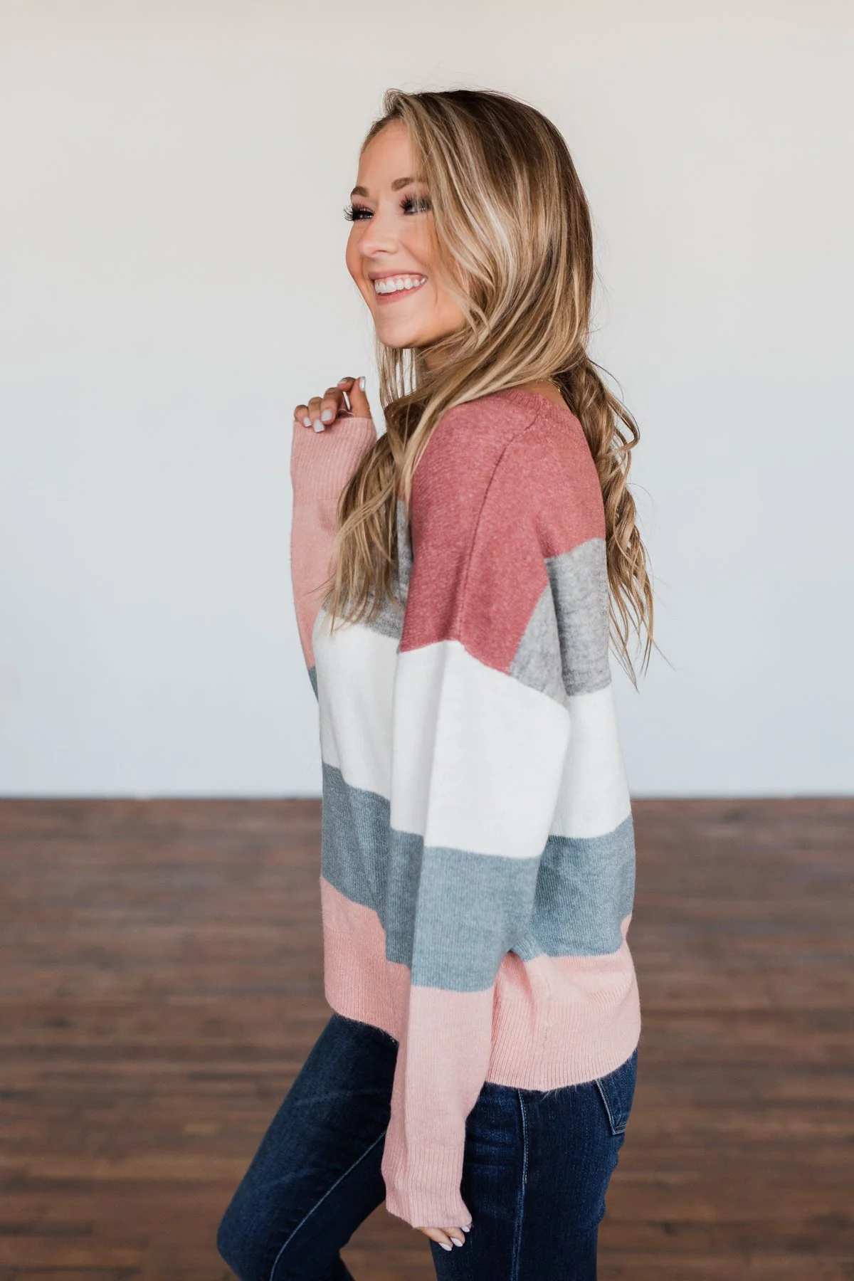 Heart's Desire Color Block Sweater- Mauve, Grey, & Denim Blue - Image 10