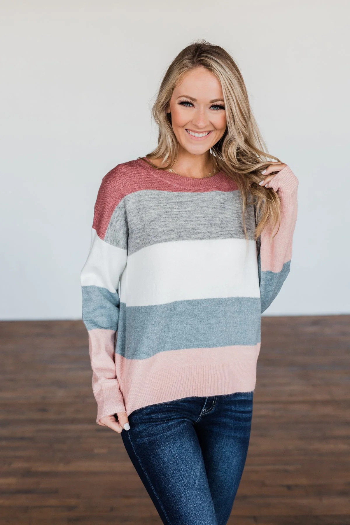 Heart's Desire Color Block Sweater- Mauve, Grey, & Denim Blue - Image 5