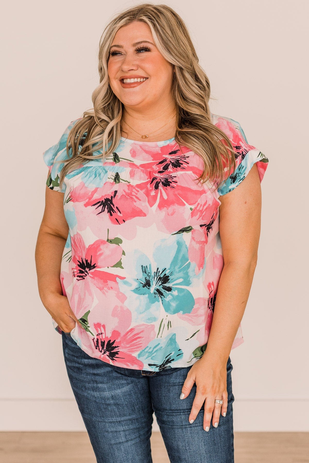 Hearts Desire Floral Top- Ivory, Pink, & Blue