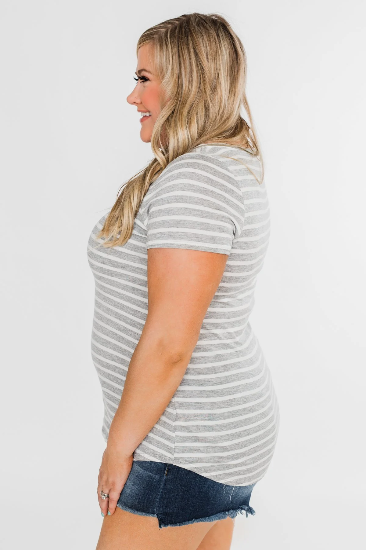 Heather Grey & White Striped V-Neck Top - Image 14