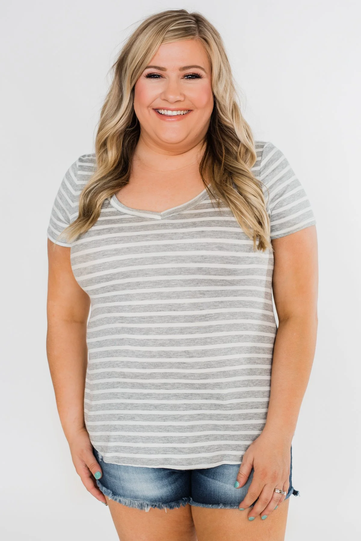 Heather Grey & White Striped V-Neck Top - Image 6