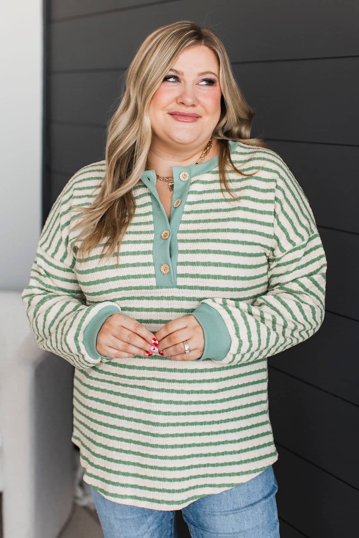 Hello Beautiful Day Striped Henley Top- Ivory & Sage - Image 3