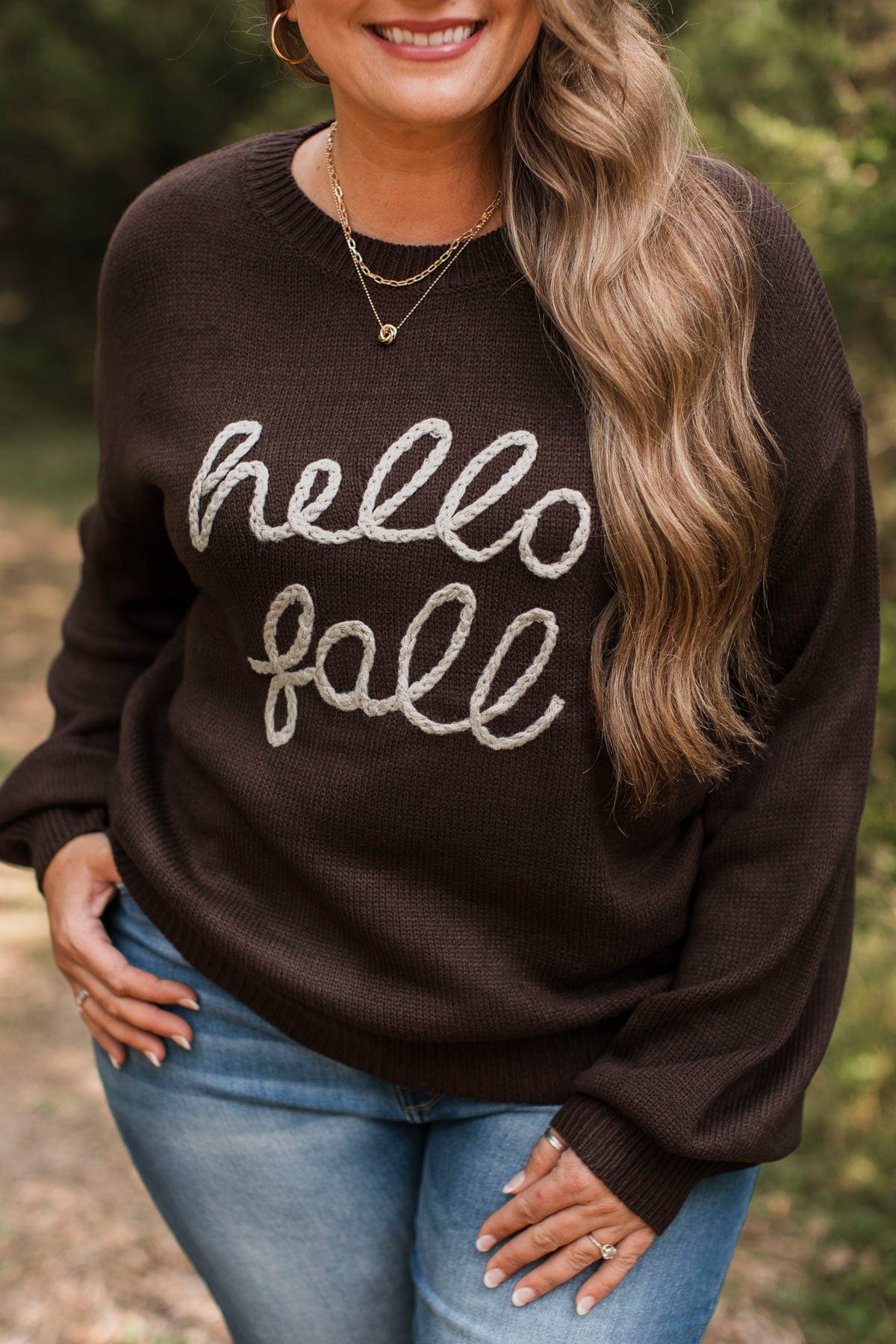 "Hello Fall" Embroidered Knit Sweater- Dark Brown - Image 2