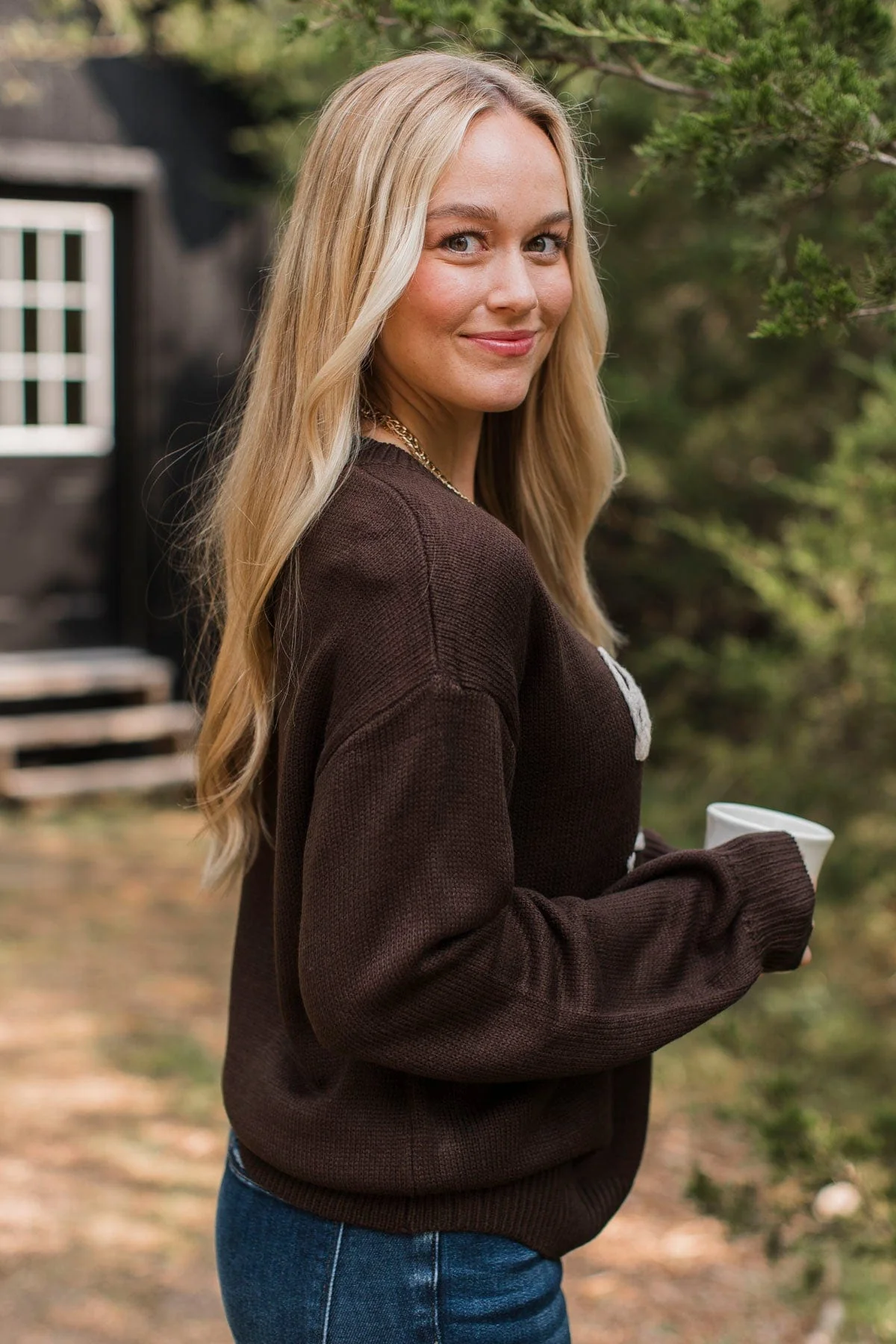 "Hello Fall" Embroidered Knit Sweater- Dark Brown - Image 7