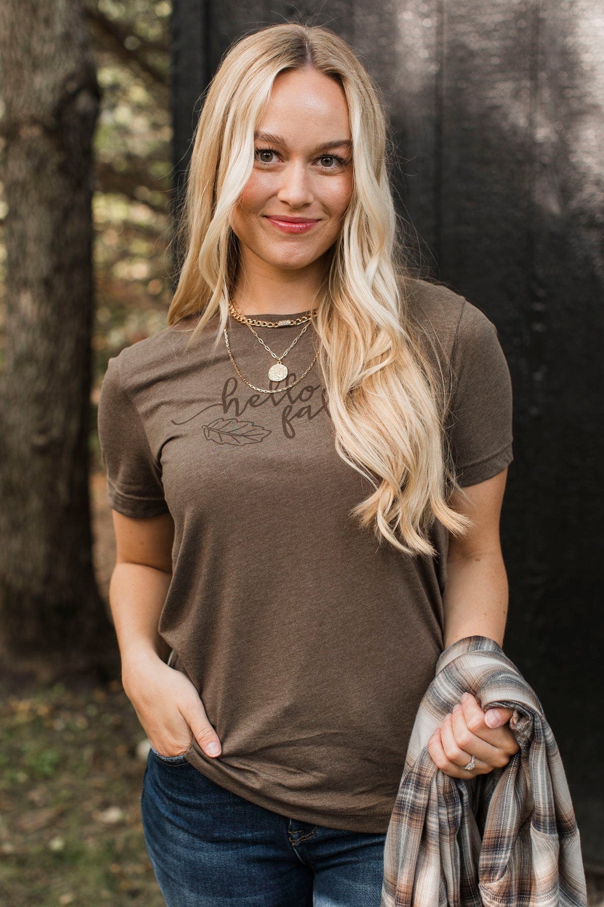 "Hello Fall" Leaf Graphic Tee- Brown - Image 2