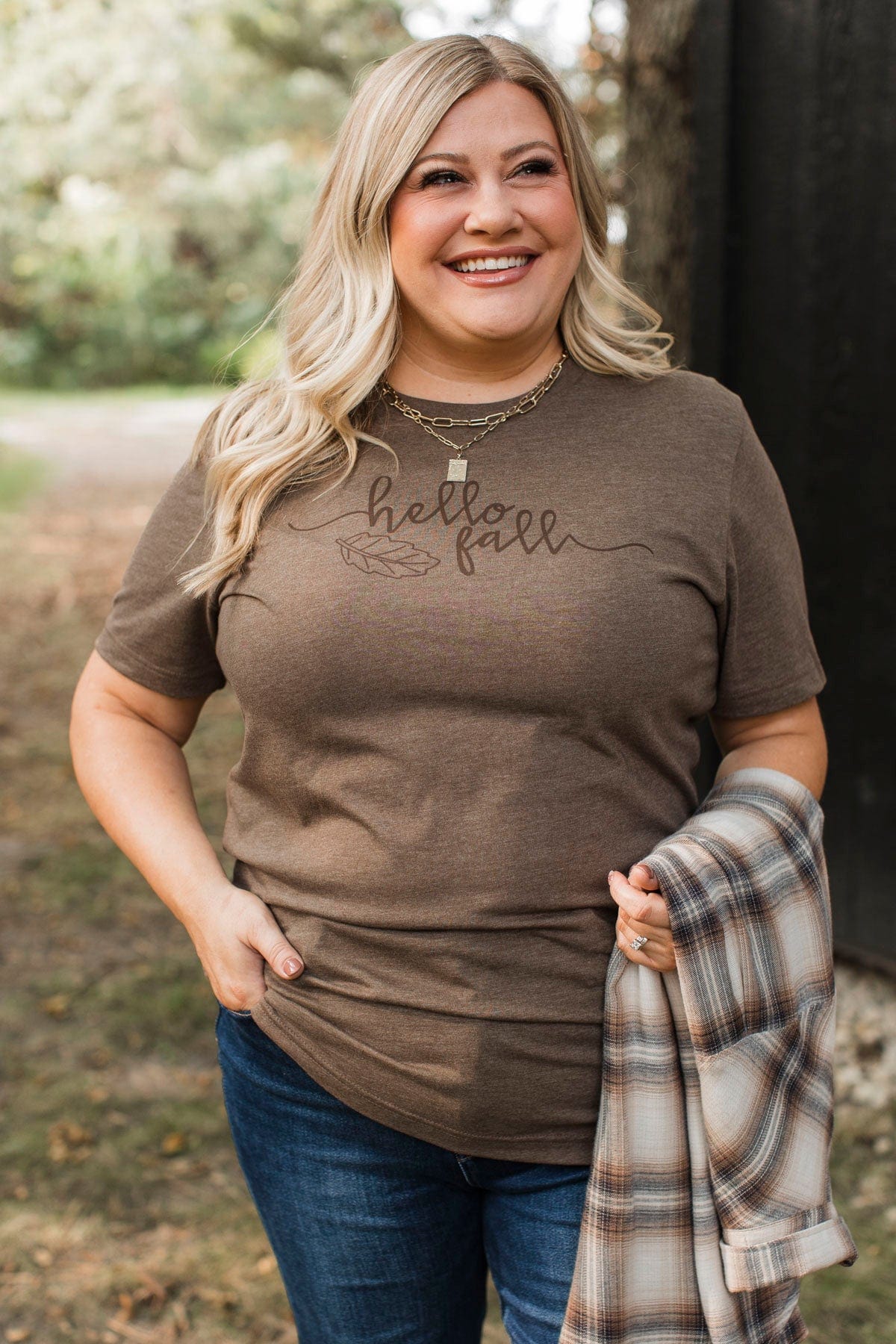 "Hello Fall" Leaf Graphic Tee- Brown - Image 3