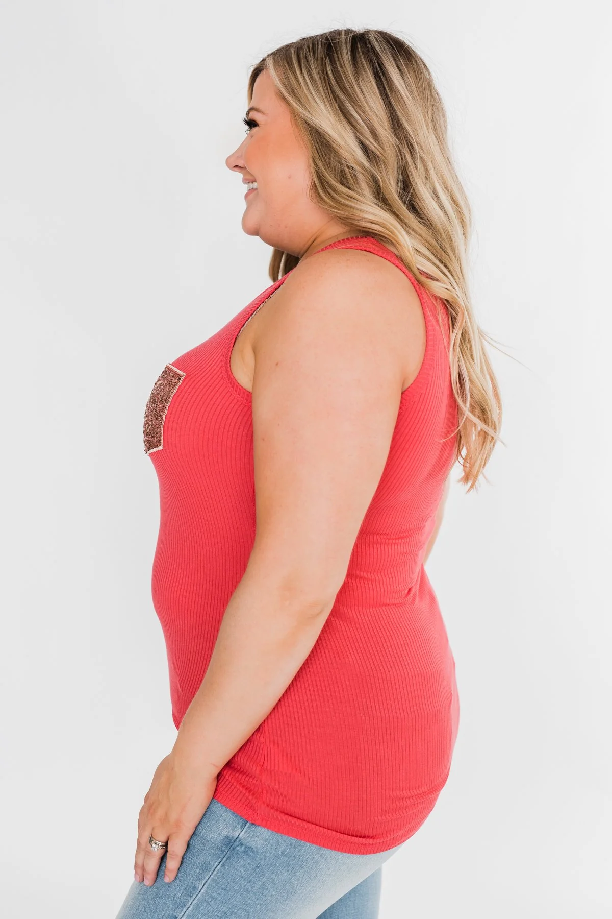 Hello Gorgeous Sequin Pocket Top- Dark Coral - Image 6