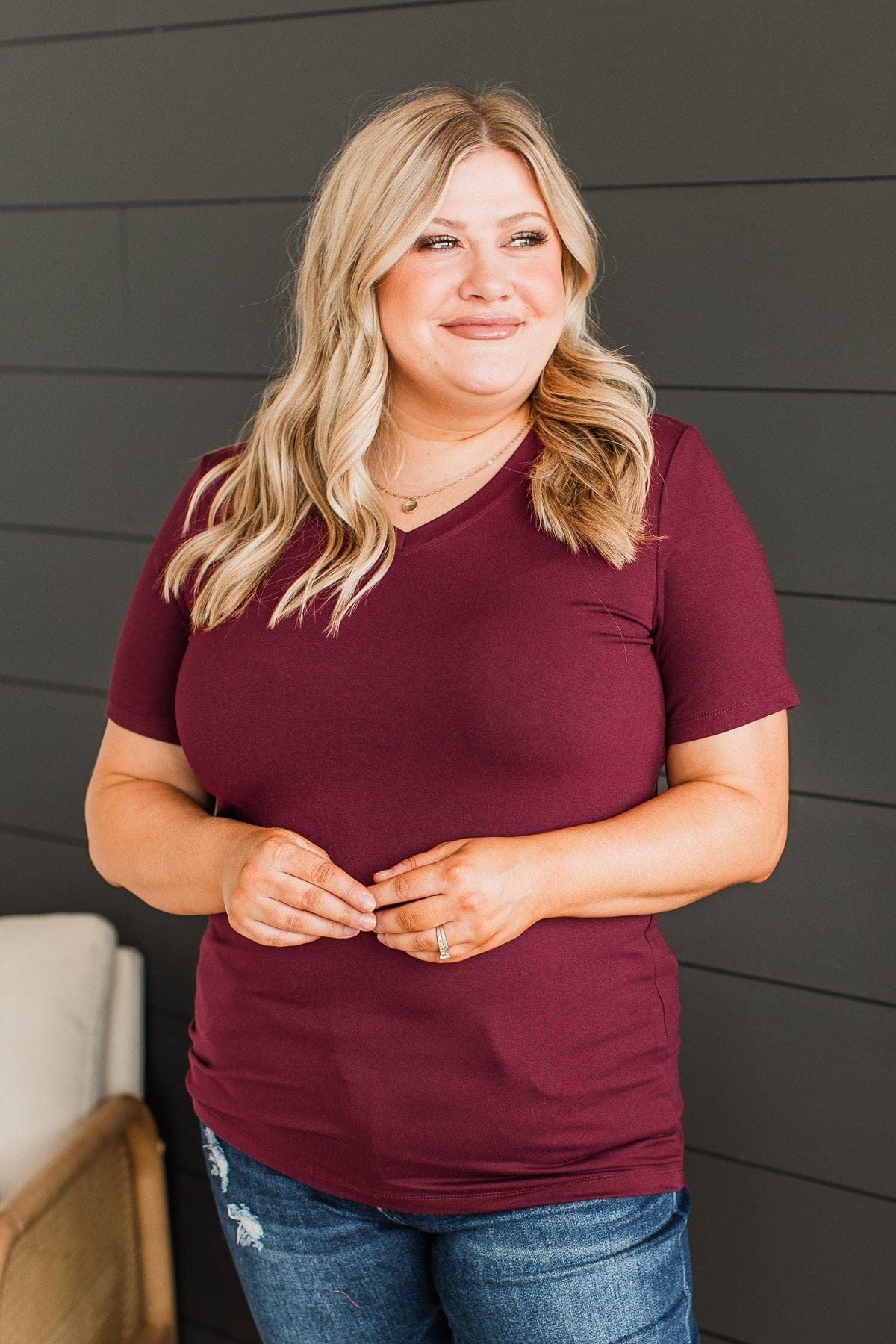 Hello Lovely V-Neck Top- Burgundy