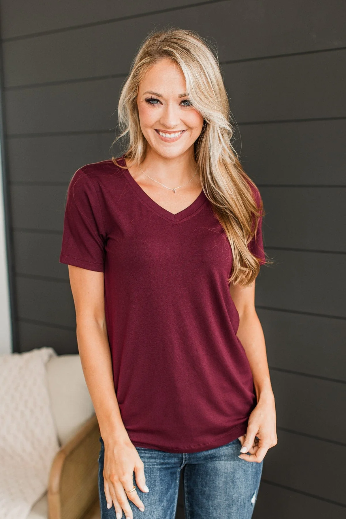 Hello Lovely V-Neck Top- Burgundy - Image 2