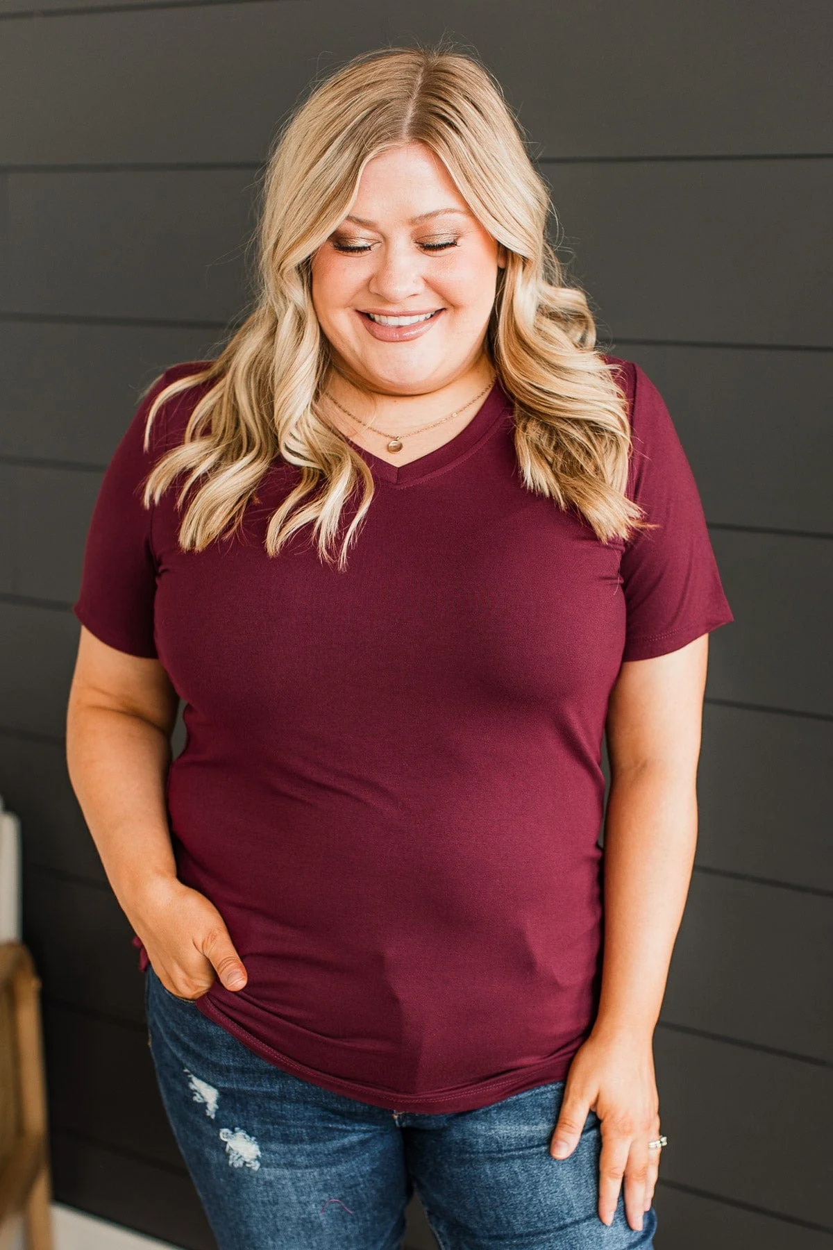 Hello Lovely V-Neck Top- Burgundy - Image 3