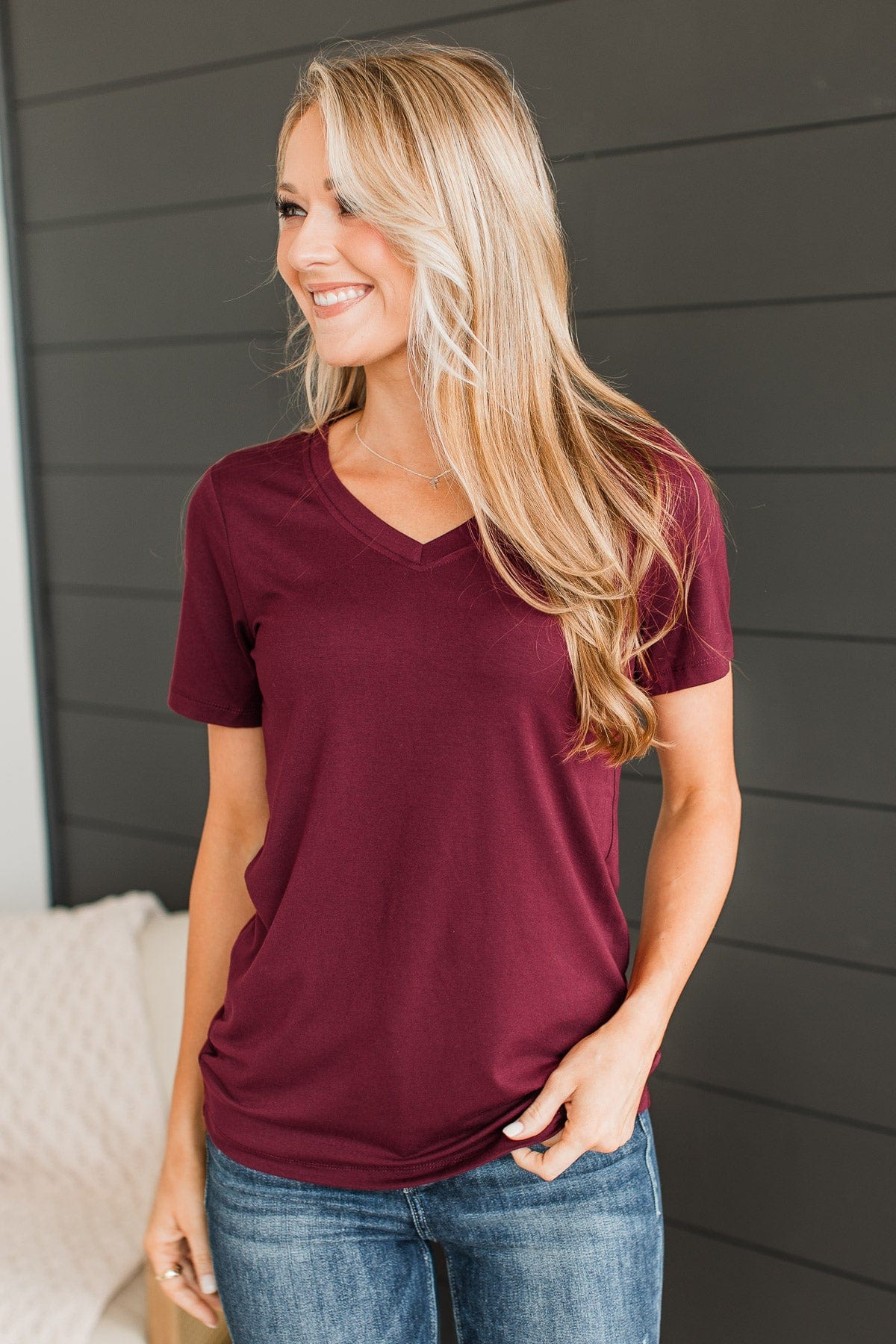 Hello Lovely V-Neck Top- Burgundy - Image 4