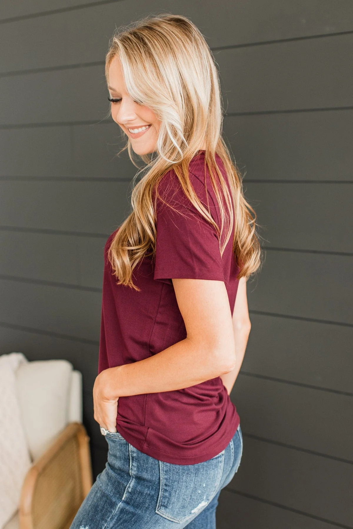 Hello Lovely V-Neck Top- Burgundy - Image 6