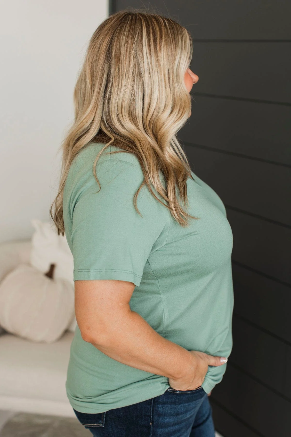 Hello Lovely V-Neck Top- Sage - Image 6