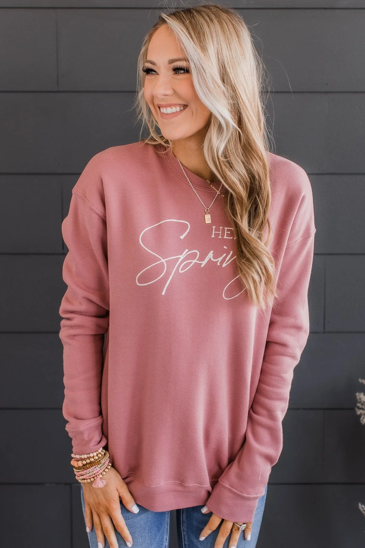 "Hello Spring" Graphic Crew Neck Pullover- Mauve - Image 2