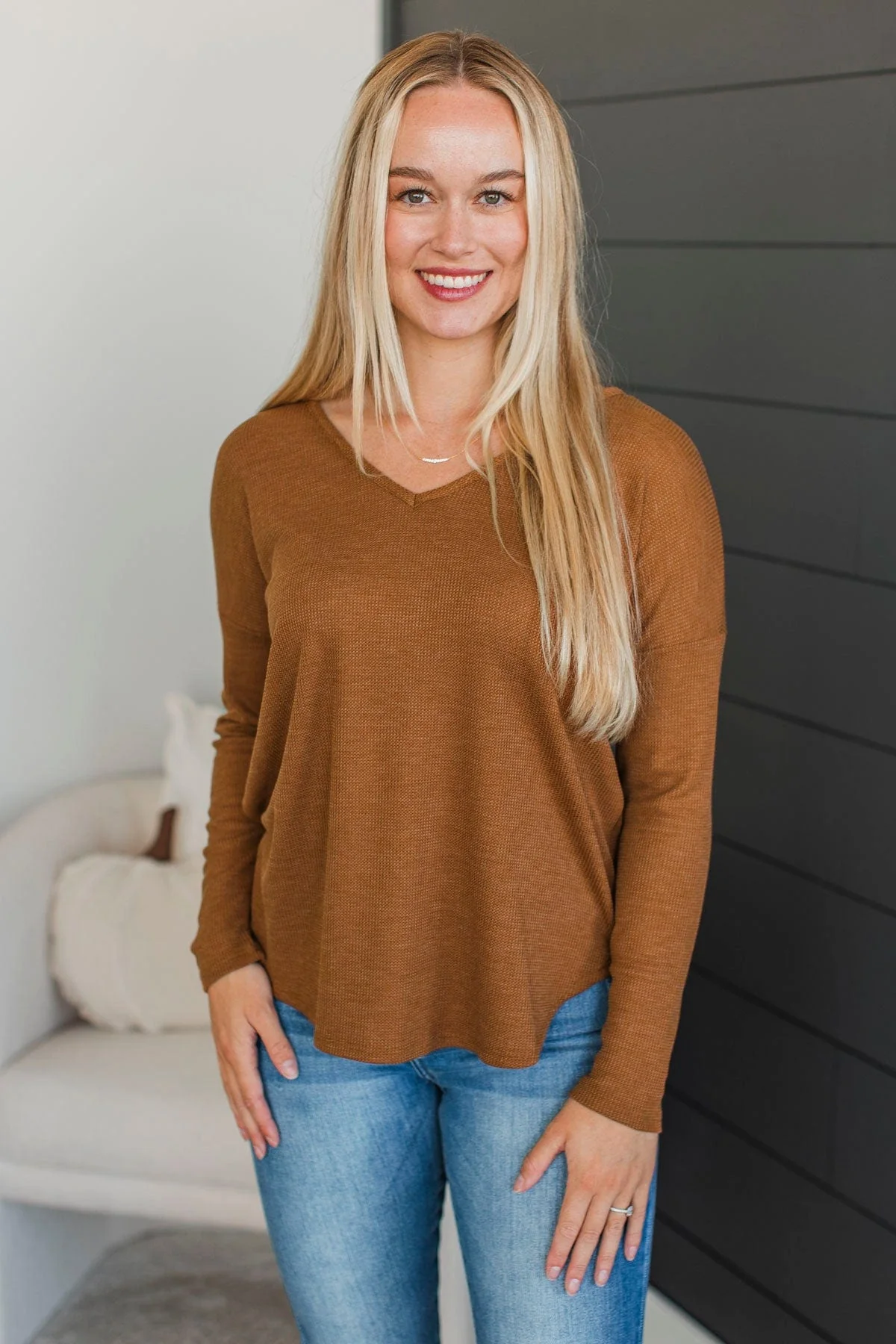 Hello To Happiness V-Neck Top- Caramel - Image 4