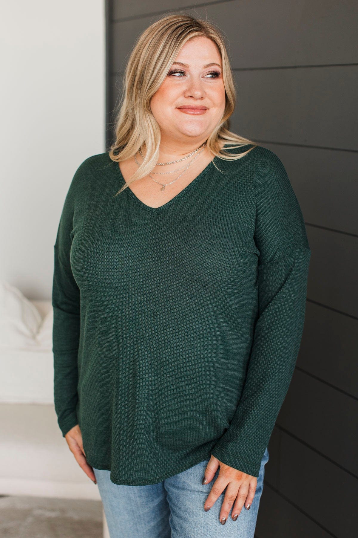 Hello To Happiness V-Neck Top- Forest Green - Image 3