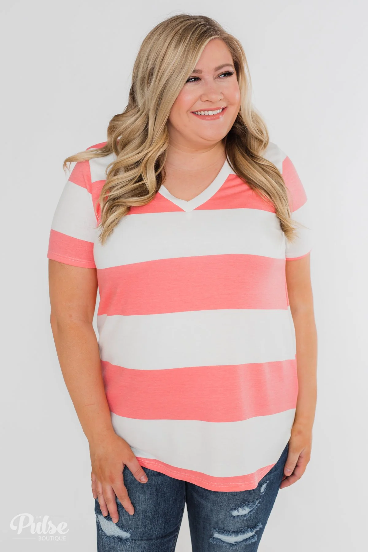 Hello to You Wide Stripe V-Neck Top- Coral - Image 11