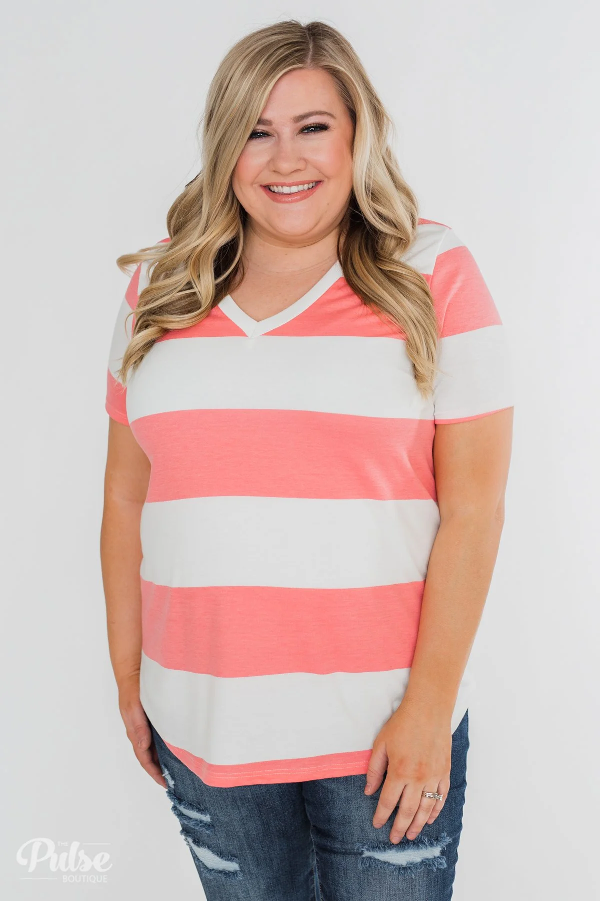 Hello to You Wide Stripe V-Neck Top- Coral - Image 12