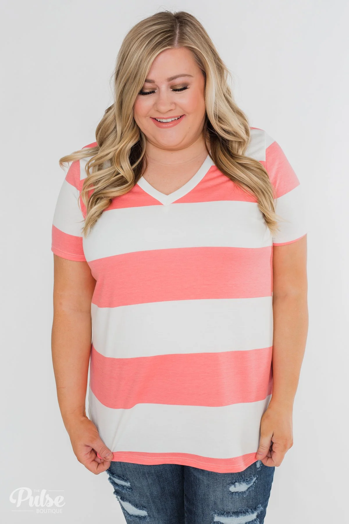 Hello to You Wide Stripe V-Neck Top- Coral - Image 13