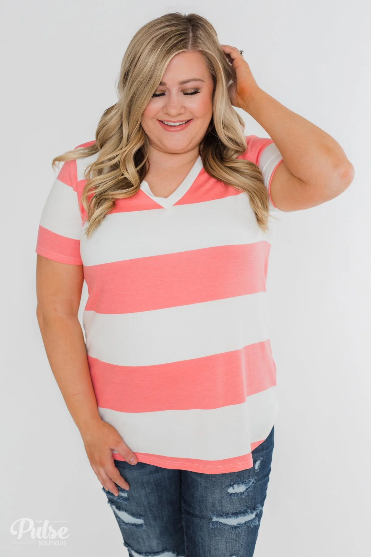 Hello to You Wide Stripe V-Neck Top- Coral - Image 14