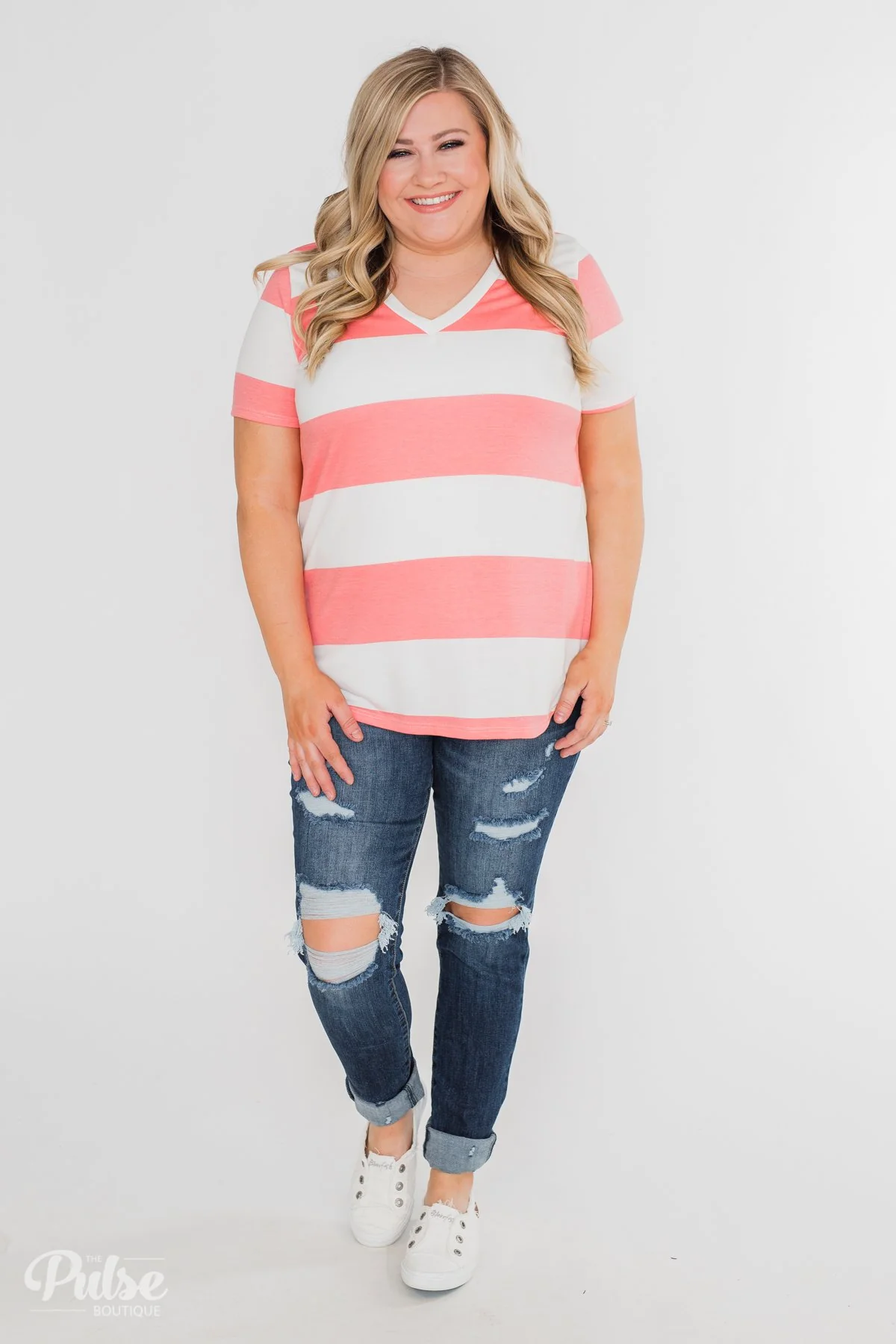 Hello to You Wide Stripe V-Neck Top- Coral - Image 3