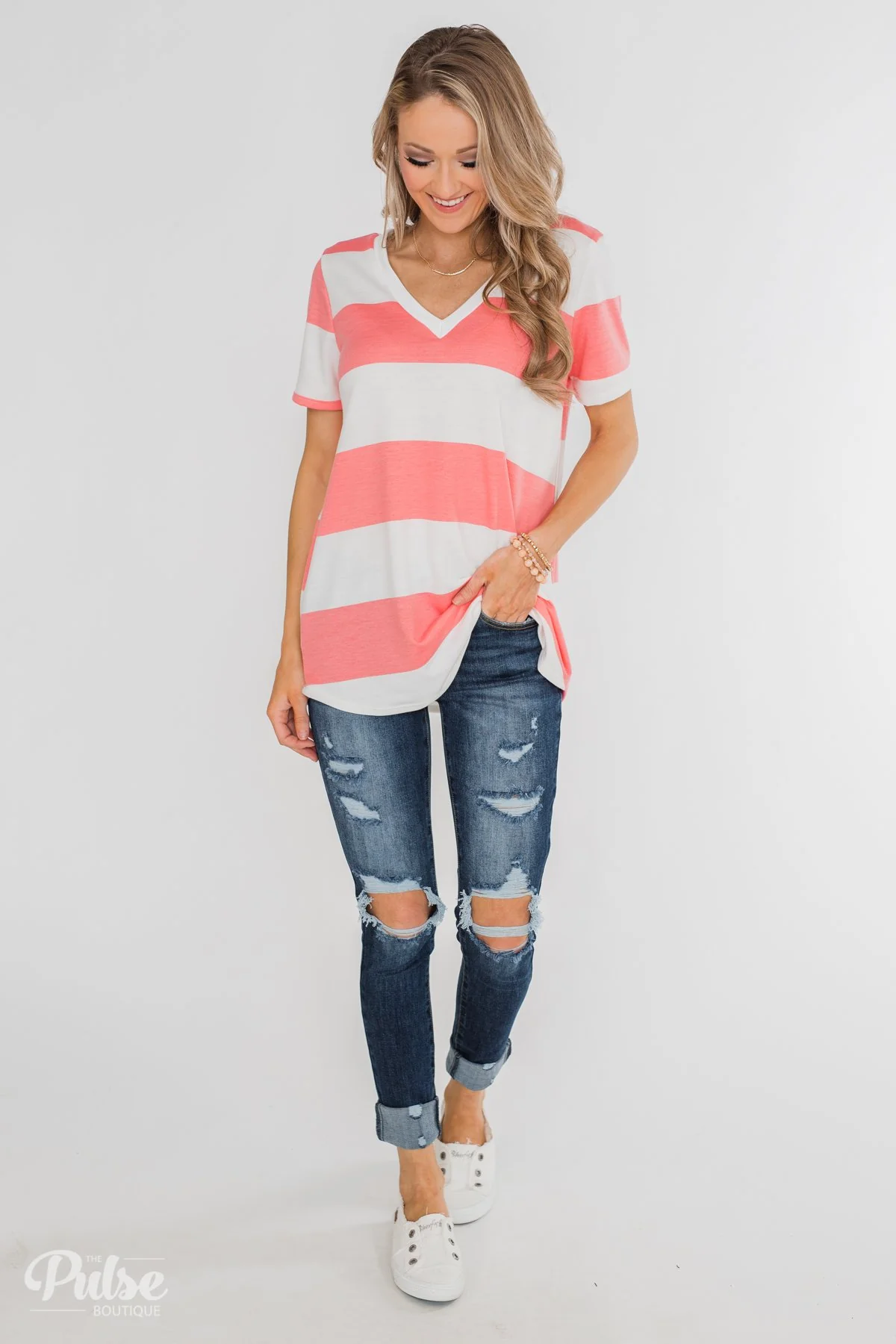 Hello to You Wide Stripe V-Neck Top- Coral - Image 5