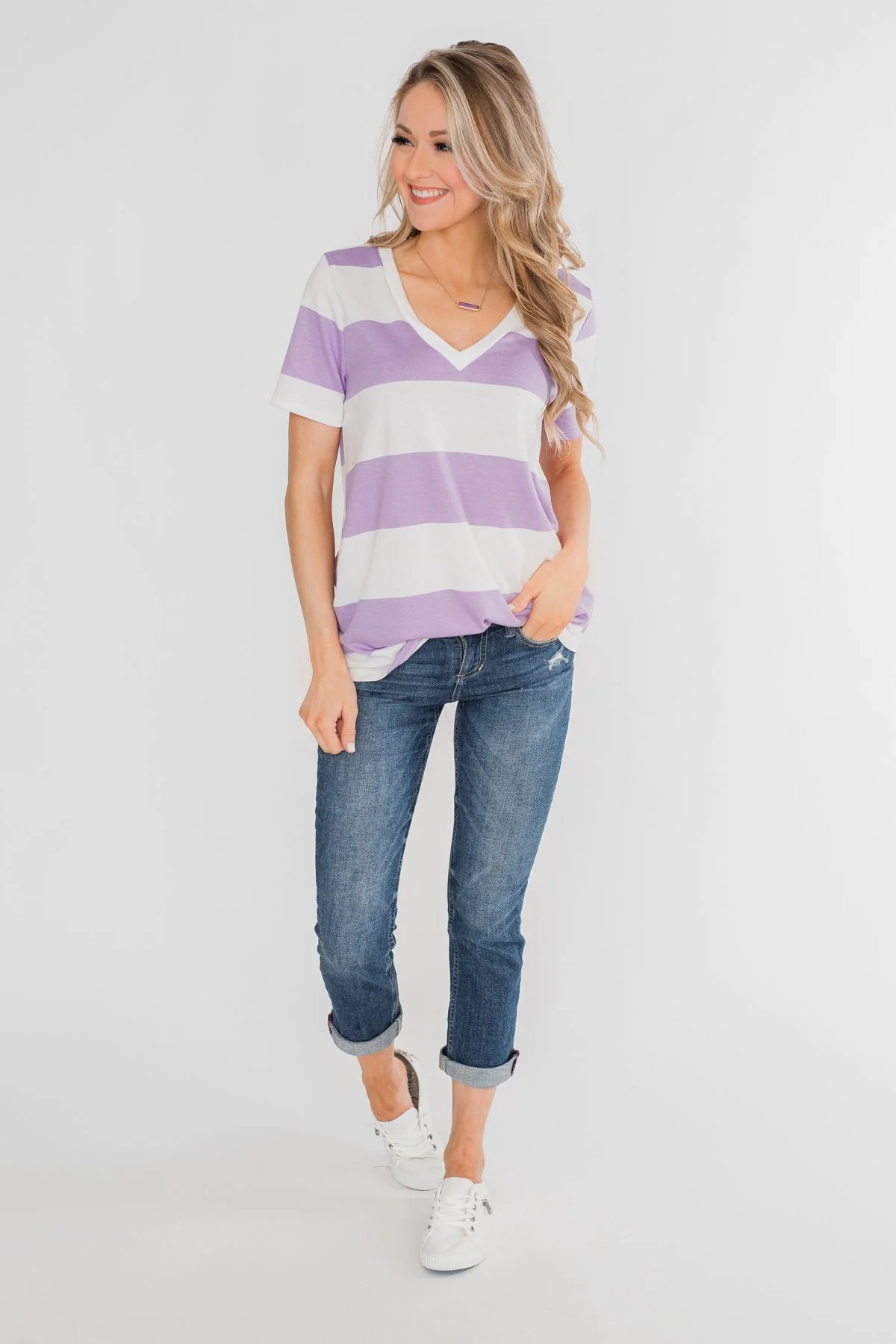 Hello to You Wide Stripe V-Neck Top- Lavender - Image 3