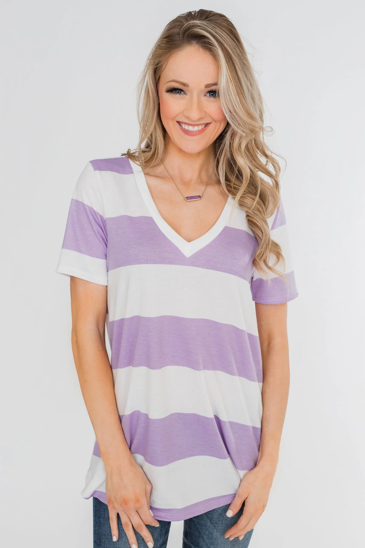 Hello to You Wide Stripe V-Neck Top- Lavender - Image 7