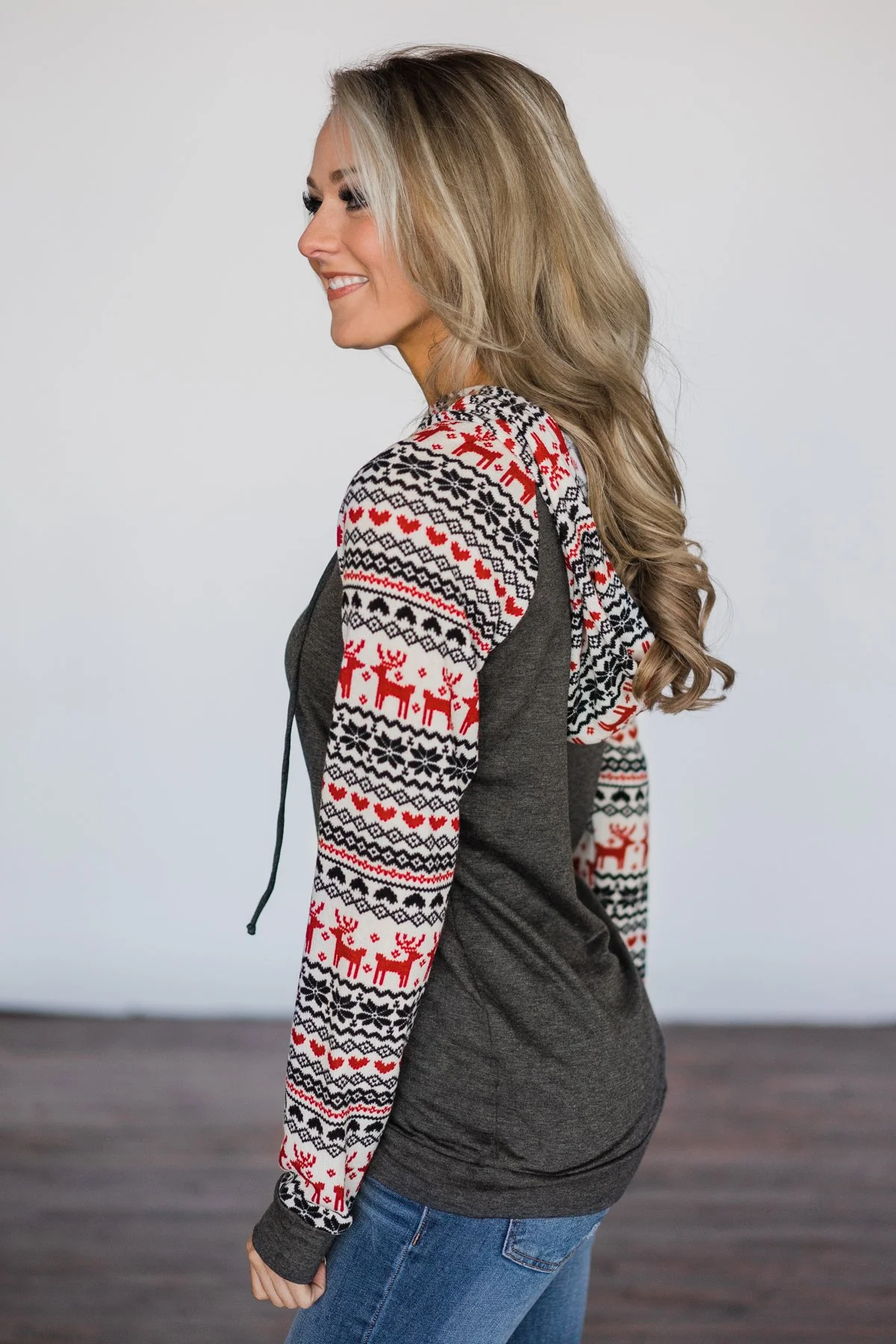 Here Comes Santa Reindeer Hoodie - Charcoal - Image 3