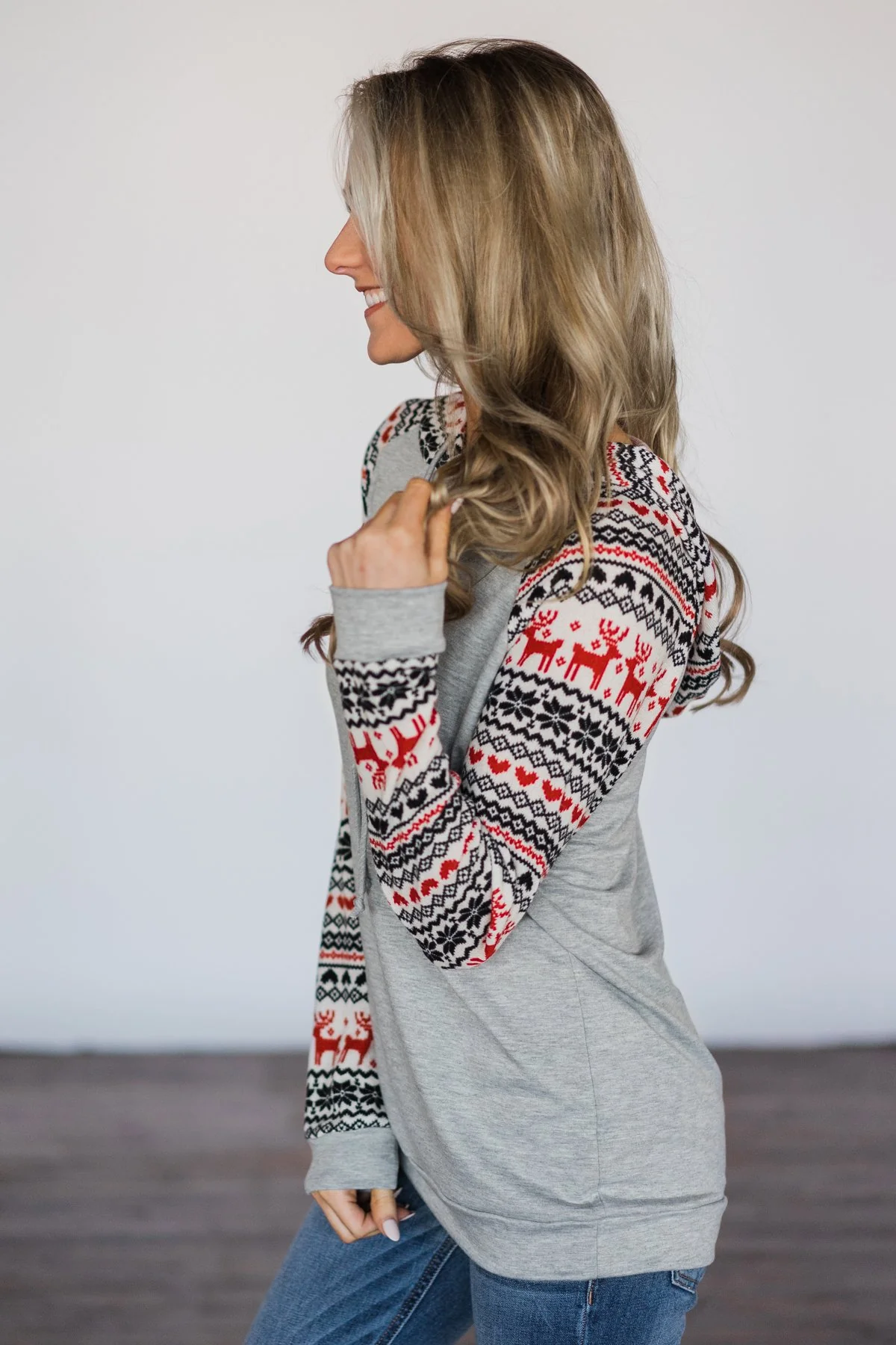 Here Comes Santa Reindeer Hoodie - Grey - Image 3